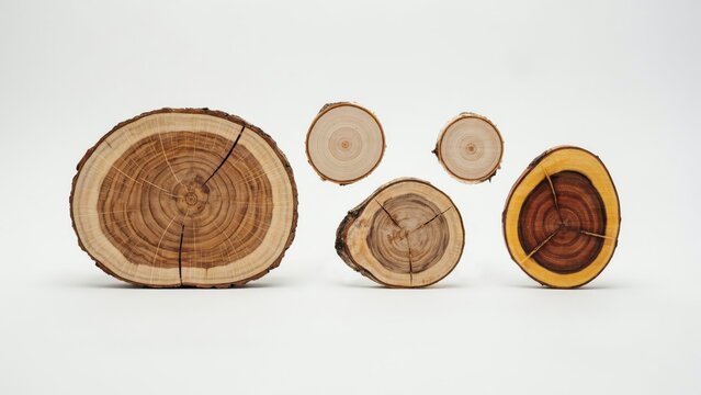Five different wooden log cross sections isolated on white background
