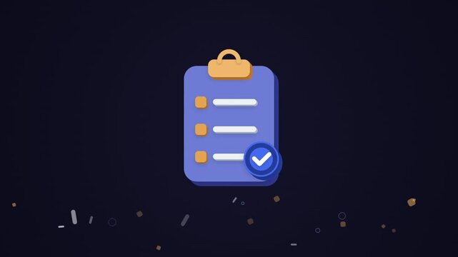 3D clipboard checklist icon with glowing blue checkmark badge motion graphic animation.