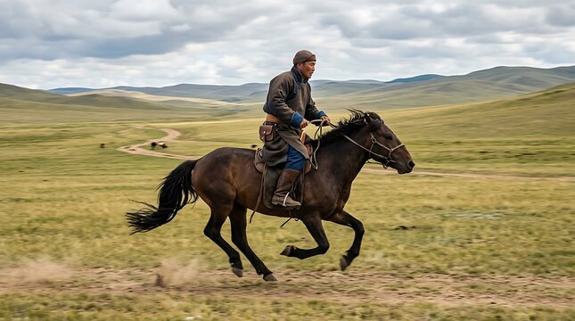 Mongolian nomad riding a galloping brown horse across the grassy steppe