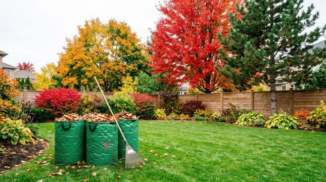 Autumn landscape maintenance featuring large green leaf bags and rake on lawn.