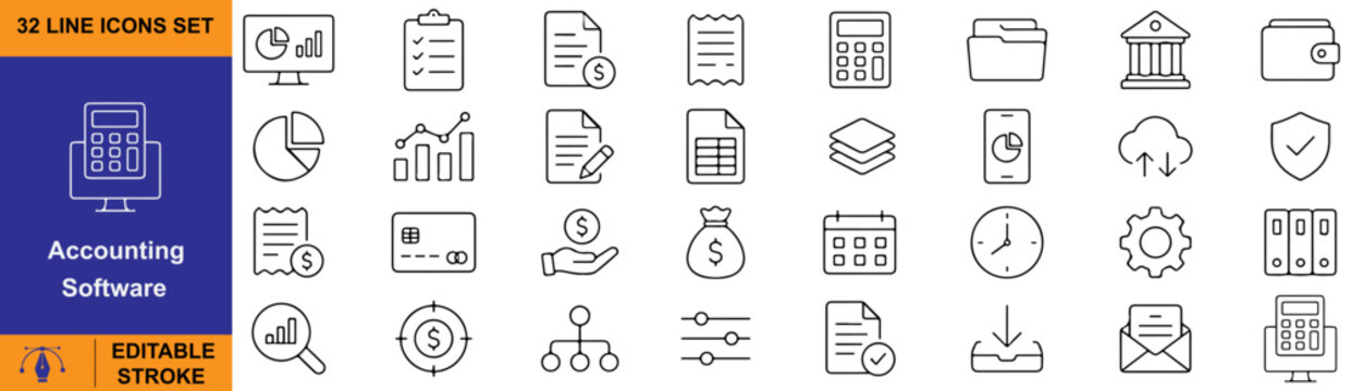 Accounting Software Editable Vector Outline Icons Set &ndash; Bookkeeping, Finance, Invoice and Business Management