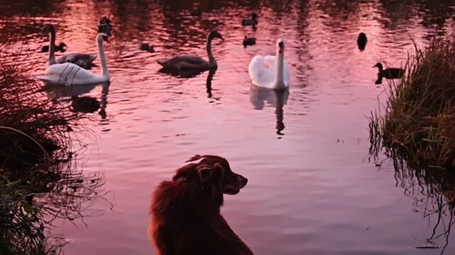 Dog is sitting by a pond with swans