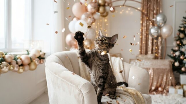 Playful cat batting at falling confetti during a festive celebration