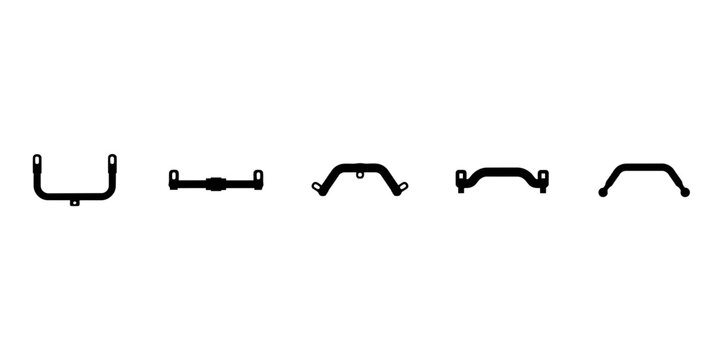 Collection of five black silhouette representing various automotive chassis and suspension components for mechanical engineering reference