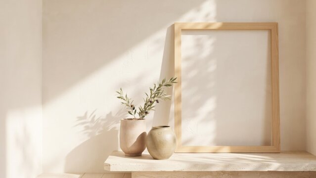 Minimalist interior with empty wooden frame and ceramic vases