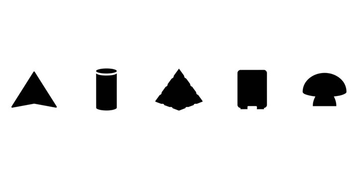 Set of five minimalist geometric black silhouettes featuring triangle cylinder pyramid rectangle and mushroom shapes on a clean white background