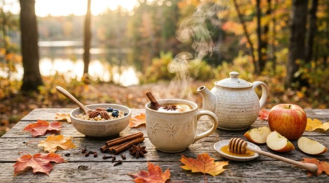 Breakfast bowl with oatmeal and tea on autumn outdoor table.