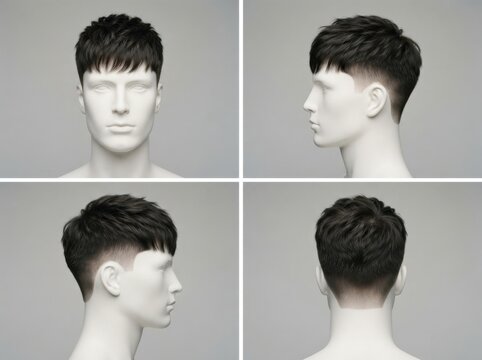 Four view angles of a male mannequin head showing short textured dark hairstyle with faded sides