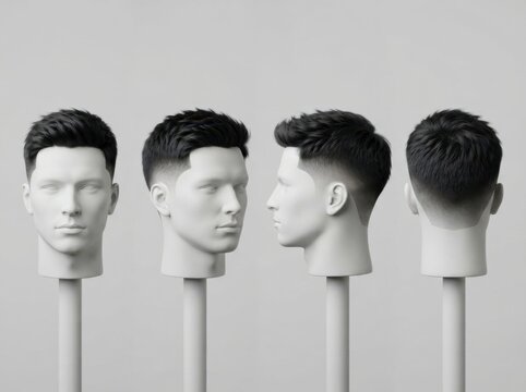 Four mannequin heads showing different angles of a stylish mens haircut with a professional fade
