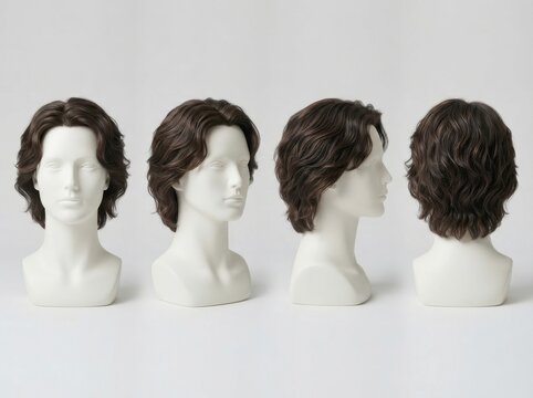 Four white mannequin heads wearing stylish brown wavy hair wigs isolated on a plain light background