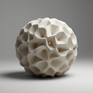 Minimalist geometric sculptural sphere with an intricate Voronoi tessellation pattern