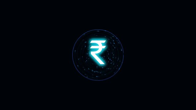 Indian rupee symbol glowing blue neon light animation within digital circle background.