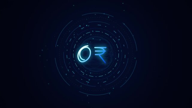 Digital indian rupee symbol rotating in glowing high tech circle HUD motion graphics.