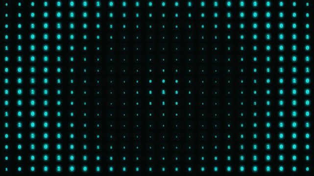 Digital binary data pattern with glowing cyan neon zeros and ones moving on dark wall.