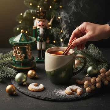 Cozy Hygge Winter Night with Hot Punch Mug, Vanillekipferl Cookies and Pine Branches for Seasonal Comfort Ads