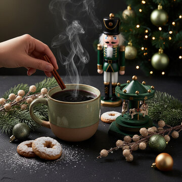 Hand Stirring Hot Mulled Wine with Cinnamon Stick in Ceramic Mug beside Green Carousel for Cozy Evening Blogs