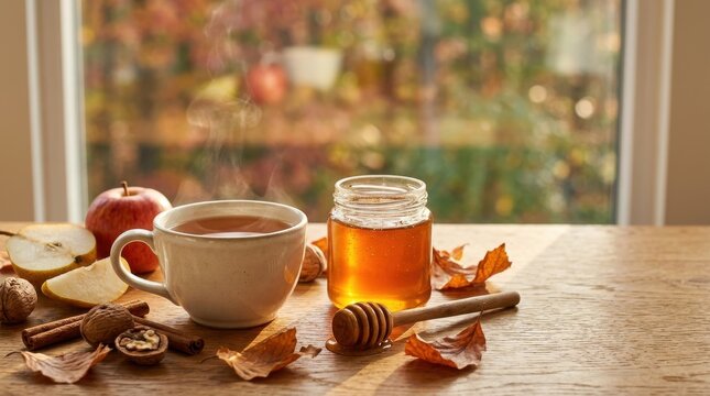 Cozy autumn tea setting with honey jar and cinnamon sticks on sunlit wooden table.