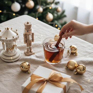 Person Stirring Cinnamon Tea beside White Gift Box with Gold Ribbon and Carousel for Bright Holiday Stories