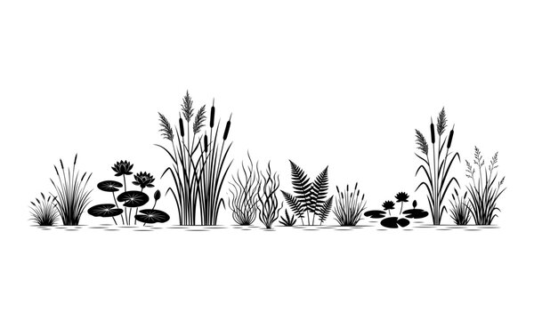 Black silhouette set of river plants and water lilies