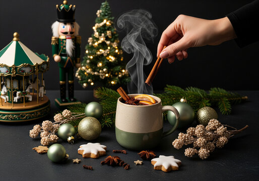Wide Banner of Steaming Hot Punch with Cinnamon, Ornaments and Nutcracker for E-Commerce Holiday Promos