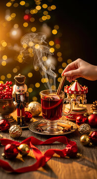 Woman Hand Stirring Steaming Mulled Wine with Cinnamon Stick beside Nutcracker for Traditional Christmas Stories