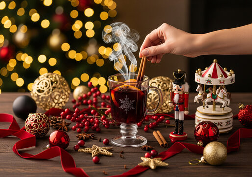 Wide Banner View of Woman Stirring Hot Mulled Wine with Cinnamon Stick, Red Ribbons and Nutcracker for Christmas Ads