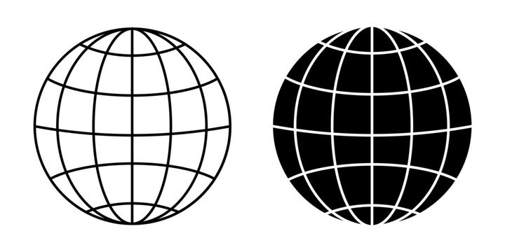 Globe wireframe icons set, two vector variations, black and white, minimalist design