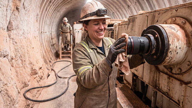 Woman Machine Operator Beside a Continuous Borer in a Potash Drift, Reddish Sylvinite Walls and Service Cable, Fertiliser Mineral Mining, Female Operator, Underground Industry