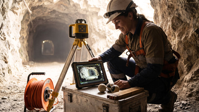Woman Survey Technician Running a Laser Scanner at a Mine Stope Access, Point Cloud Building on a Tablet Display, Digital Mine Measurement, Female Technology Specialist