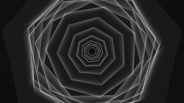 Tunnel of glowing white octagonal rings moving inward dark aesthetic motion graphics.
