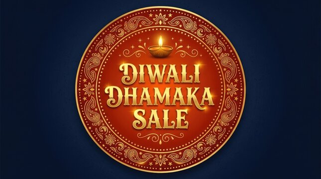 Diwali dhamaka sale festive round sticker with golden text and glitter border on dark background celebration promotion discount festival marketing advertising decorative