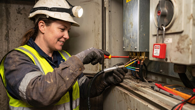 Woman Electrician Terminating Armoured Cable in an Underground Mine Substation Cubicle, Lock Out Padlock and Insulated Screwdriver, Female Electrician, Industrial Trades