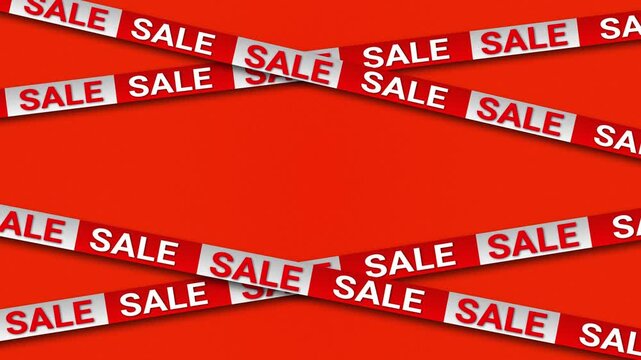 Red and white tape with word Sale crossing on red background. Promotional warning banner for retail marketing event. Seasonal discount announcement for shopping concept.