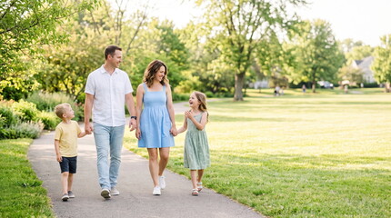 Fototapeta premium Family walking together in a park enjoying quality time outdoors