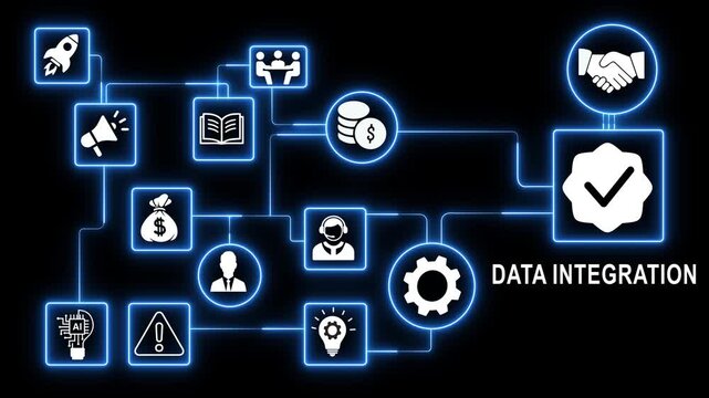 Data integration concept with glowing digital network and workflow connectivity for business analytics and technology solutions