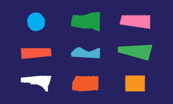 colorful abstract brush stroke shapes with textured rough painted edges on dark background