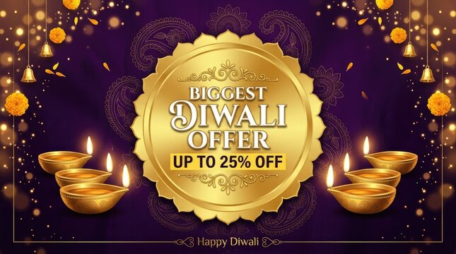 Diwali offer up to 25% off festive round sticker with golden text and oil lamps on dark background diya light oil lamp discount celebration promotion up to 25% off