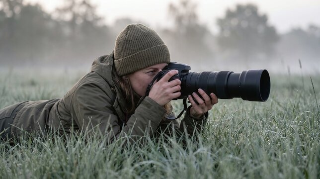 Wildlife photographer lying prone in tall grass adjusting a telephoto lens