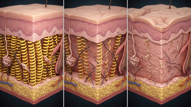 Human skin layers aging timeline years 20 45 70, demonstrating three stages with gradual collagen density decline, helical springs break, elastin loses tension, epidermis thins, wrinkles deepen.
