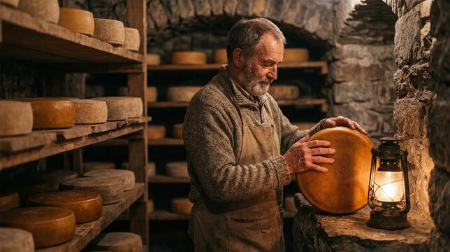 Cheese maker turning a wheel of cheese in a stone aging cellar