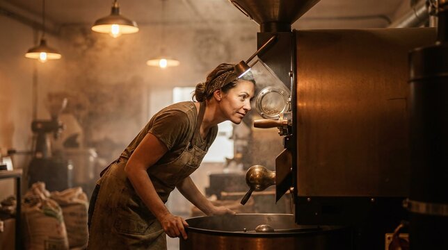 Coffee roaster inspecting beans through the roasting machine viewing window