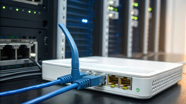 Network router with ethernet cables in data center