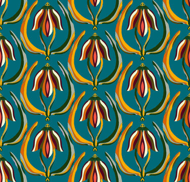 Seamless floral pattern with stylized decorative flowers and leaves in folk art style. Vintage ornamental print inspired by traditional motifs. Perfect for textiles, wallpapers, and stationery.