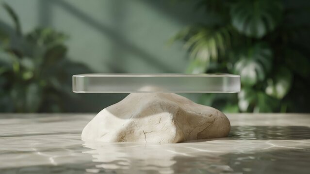 Minimalist product display stand with frosted glass platform on stone