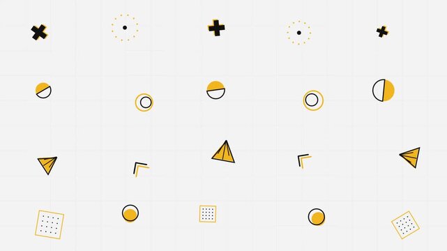 Abstract geometric shapes motion background yellow black memphis style pattern animated loop