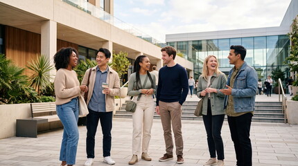 Obraz premium Diverse group of young adults enjoying authentic friendship while chatting in a courtyard
