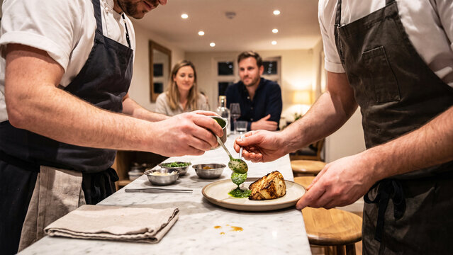Chef Finishing a Plate at an Open Chefs Counter in Front of Seated Guests, Tasting Menu Service, Interactive Fine Dining, Restaurant Experiential Design