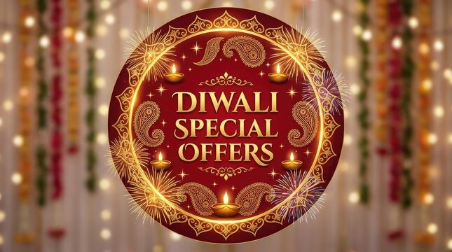 Diwali festive special offers circular banner with golden text and decorative border on textured background ornate design traditional decoration indian festival