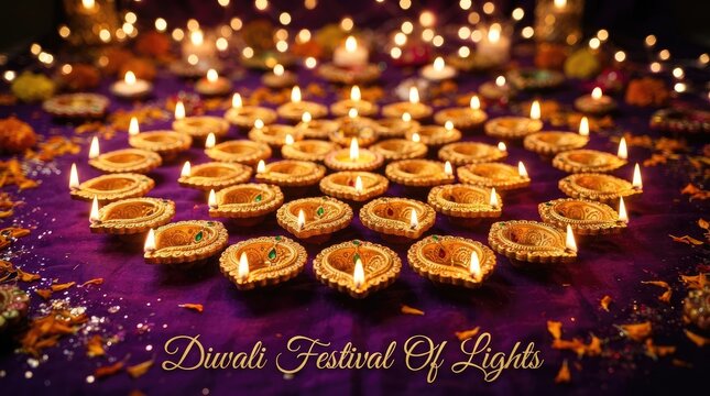 Diwali festival arrangement of lit oil lamps on purple fabric with warm lighting festival of lights traditional decor glowing lamps cultural festivity golden glow