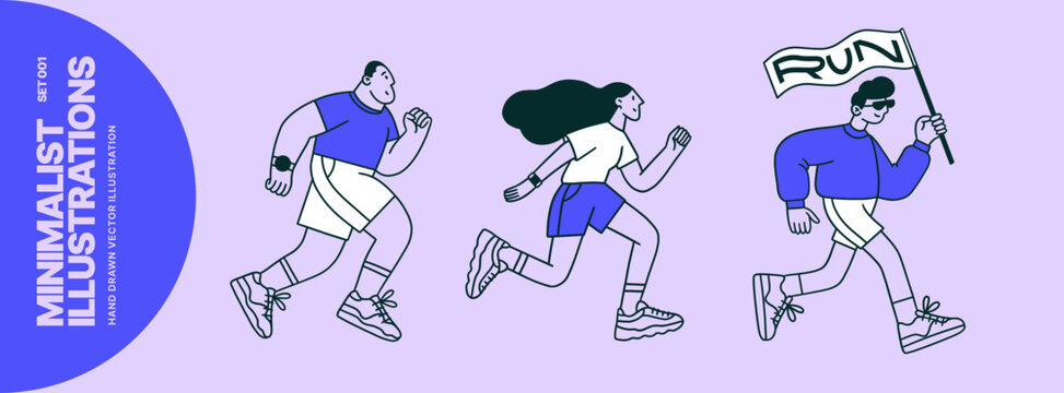 Minimalist Illustration of Diverse People Running. Hand drawn vector illustration of three active people running, including a runner holding a flag, representing fitness, sport, and motivation.